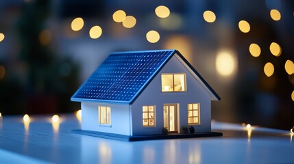 A charming house model with solar panels, glowing sun, and soft colors. Emphasizes sustainable living, modern technology, and cozy, inviting home vibes