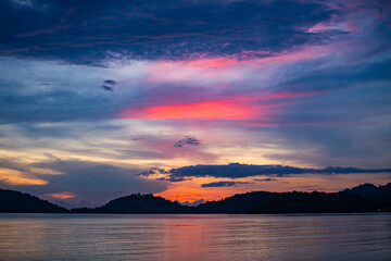 Amazing colorful clouds in sunset or sunrise sky over sea nature landscape background