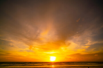 Landscape of colorful clouds in sunset or sunrise sky over sea with reflection in the tropical sea,Beautiful seascape scenery,Amazing light of nature Landscape nature background