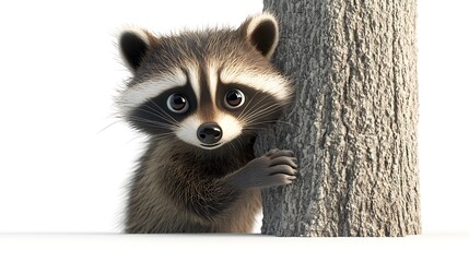 Curious baby raccoon peeking around tree in nature photography