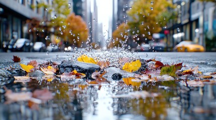 Autumn rain splashes on city street leaves