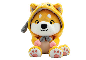 Naklejka premium Shiba Inu Plush Toy Wearing a Yellow Hoodie with Transparent Background