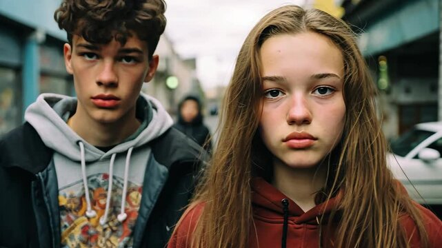street fashion portrait of young woman and man in urban city street look cool in hoodie