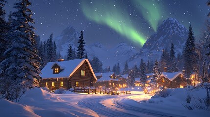 Fototapeta premium Magical Winter Village Under the Aurora.