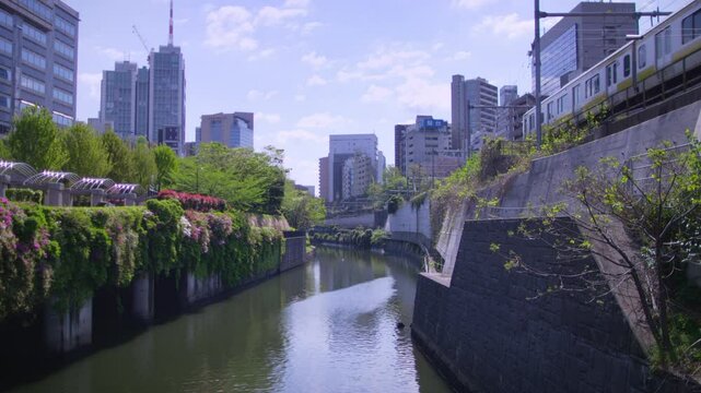 Kanda River,Moat,Sobu Line,City,Skyscrapers,Trees,Blue Sky,Urban Oasis