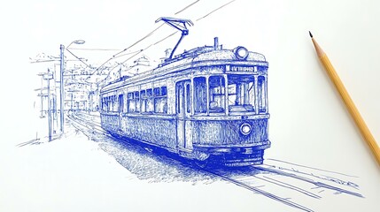 Blue ink tram doodle, childlike and playful, white background