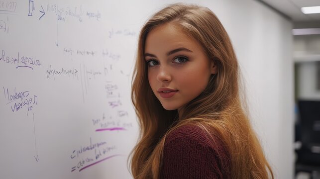 Young Woman Posing Near Whiteboard With Equations