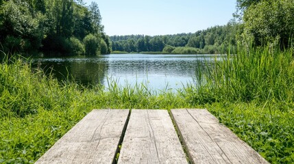 Wooden picnic table by tranquil lake, summer forest background, relaxation