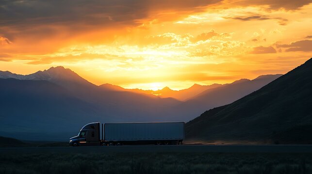 Freightliner Cascadia truck at sunset, silhouette against the mountains