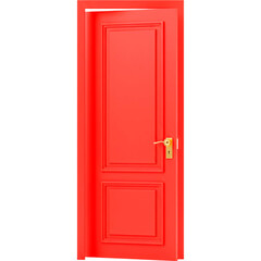 3D rendering of a bright red door with golden handle, clean lines, and minimalist design, symbolizing an inviting entrance and new opportunities. Isolated on a transparent background 