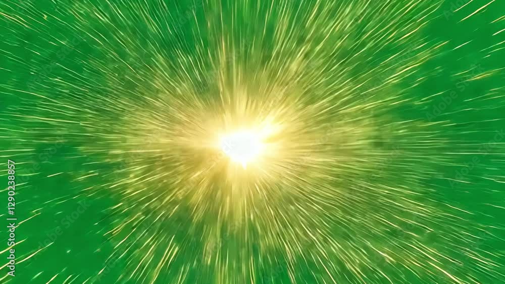 Poster golden light rays beaming from luminous source, radiating across green screen backdrop with dynamic 