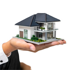 Hand holding a small house on white background 