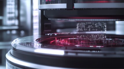 Futuristic Technology Hologram Data Display Interface Digital Screen Modern Sci Fi Pink Red Neon Light Advanced System Network Server Processing      