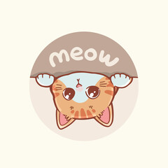 Cartoon illustration surprised cat flips over and peeks out with wide eyes, reacting to the unexpected touch.