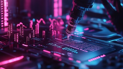 Futuristic Technology Digital Data Neon Pink Blue Abstract Background High Tech Innovation Science Research Robotic Arm Writes Code Modern Interface  
