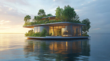 Fototapeta premium Floating island factory, fully self-sustaining with green energy and desalination systems