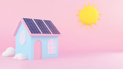 A charming house model with solar panels, glowing sun, and soft colors. Emphasizes sustainable living, modern technology, and cozy, inviting home vibes