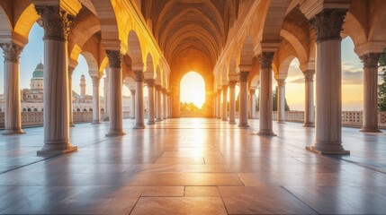 Obraz premium Stunning Sunset Through Arched Columns in Grand Architecture Scene