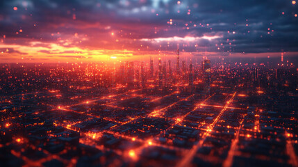 Fototapeta premium Futuristic smart factory district, with interconnected AI-driven production hubs and drone-based logistics