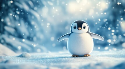 Adorable penguin in snowy forest, winter wonderland scene, holiday card
