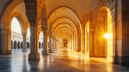 Obraz premium Sunlit Architectural Corridor with Elegant Arches and Columns