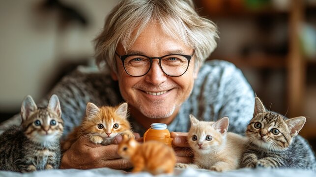 Elderly Zookeeper With Blonde Hair Joyfully Interacting With Playful Kittens in an Indoor Setting - Powered by Adobe