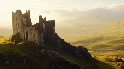 Majestic castle ruins atop a verdant hill at sunset.