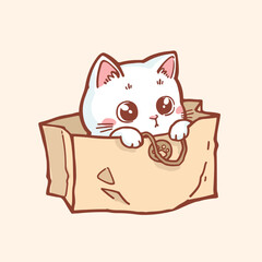 Digital illustration cute cat playfully hiding in paper bags, white cat with expressive faces and soft pastel tones.