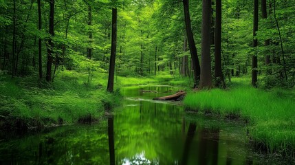 Fototapeta premium A still forest stream reflects the surrounding green foliage