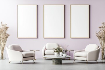 Elegant waiting room furniture against a pastel lavender framed wall.