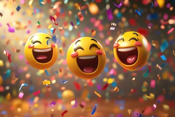 A dynamic burst of happy emojis flying out from the center of the frame with confetti and streamers in the air.