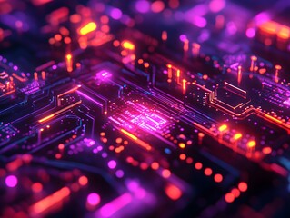 Obraz premium Neon Glowing Circuit Board with Holographic Geometric Design