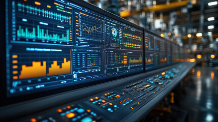 Naklejka premium Industrial control room with large screens displaying factory analytics, monitoring every aspect of production