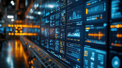 Obraz premium Industrial control room with large screens displaying factory analytics, monitoring every aspect of production