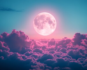 Pink moon above cloudscape, surreal scene