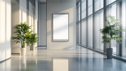 Modern Office Lobby with Blank Signage and Sunlight