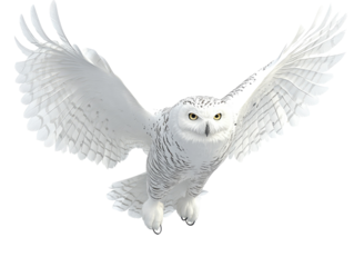 Majestic White Owl Spreading Its Wings Against a Clear Background in Flight
