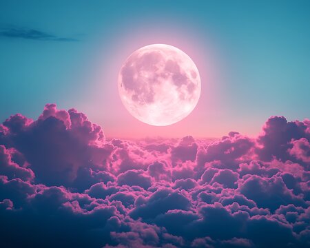 Pink moon above cloudscape, surreal scene