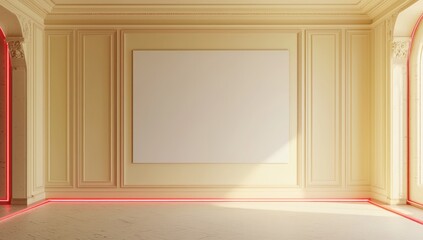 Quiet cream setting, bare wall, neon red glow, 3D.
