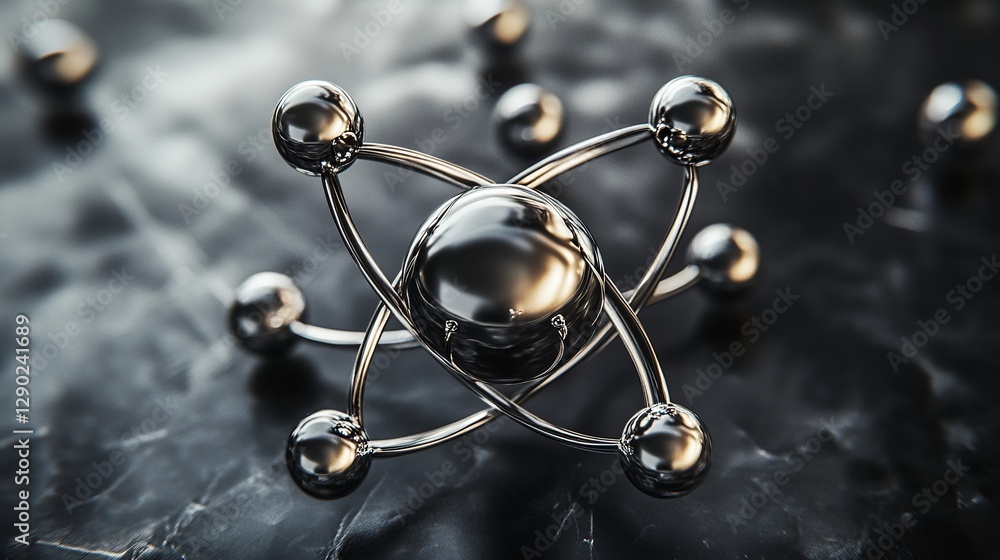 Poster abstract metallic atom structure shiny chrome balls modern science technology design elegant 3d rend