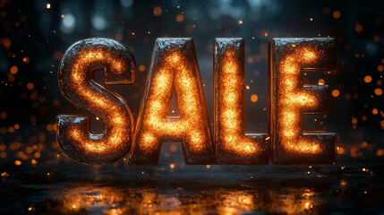 Exciting sale announcement with glowing letters set against a dark, atmospheric background