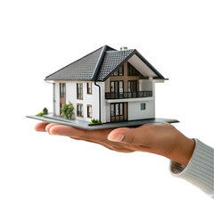 Hand holding a small house on white background 