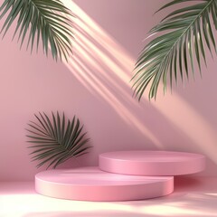 Obraz premium Dual podiums with palm leaf under sunlight in pink room, 3D modeled.