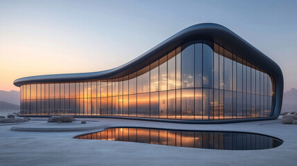 Modern factory in Saudi Arabia, featuring sleek architecture and desert surroundings