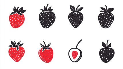 Red And Black Strawberry Fruit Icons, Isolated On White, Possible Use For Design