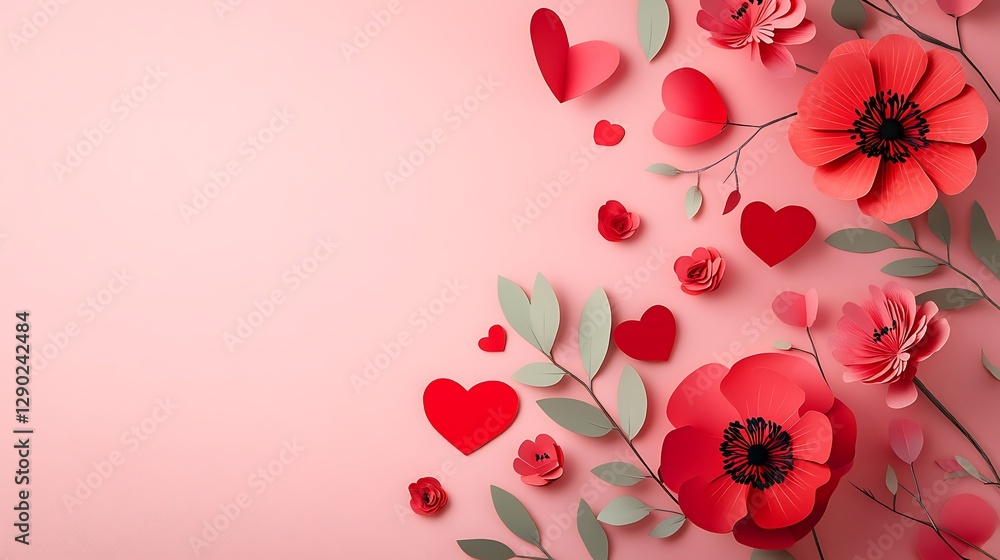 Canvas Prints Paper flowers and hearts on pink background.