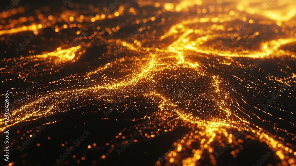 Poster golden light trails over dark surface creating abstract texture and depth in futuristic digital land