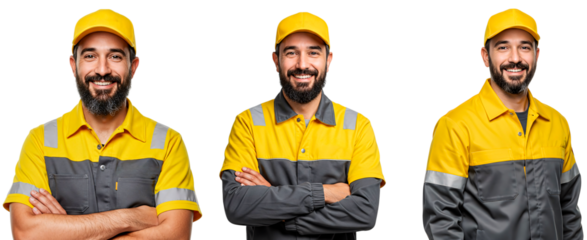 Delivery worker portrait featuring a cheerful bearded man in a yellow uniform with grey accents and a matching cap. Friendly smile, professional attire, on transparent background 