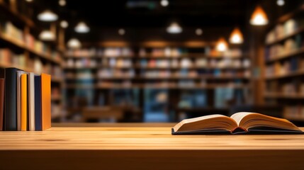 Fototapeta premium Open book on a wooden table in a cozy library with shelves of books in the background