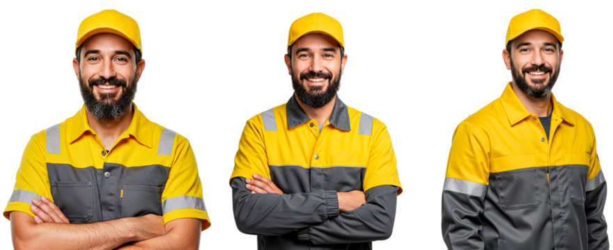 Delivery worker portrait featuring a cheerful bearded man in a yellow uniform with grey accents and a matching cap. Friendly smile, professional attire, on transparent background